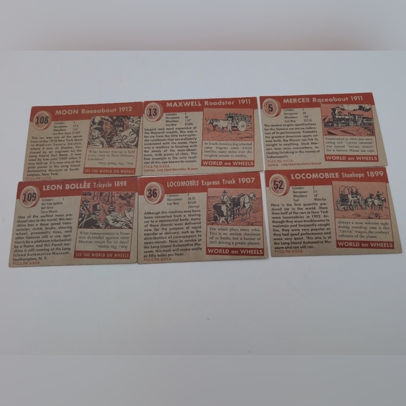 1954 Topps Card Set Of 6 Locomobile, Moon, Maxwell, Mercer, Leon Bollee - Picture 2 of 2